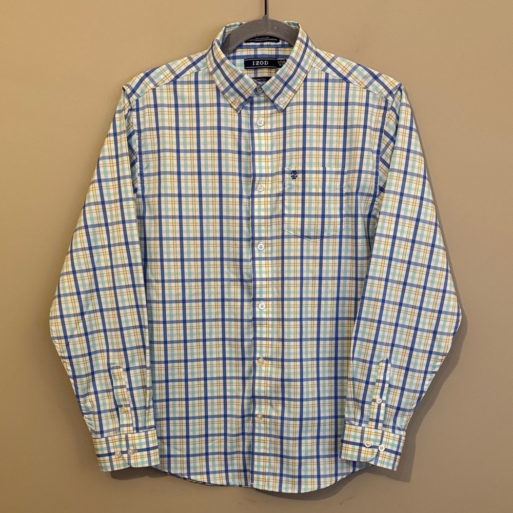 NWOT- IZOD Boys Plaid button down shirt, blue& white, size XL (18-20)